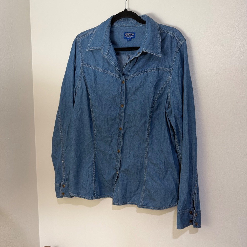 Pendleton Women XL Blue Denim Button Down Shirt 100% Cotton Western Long Sleeve